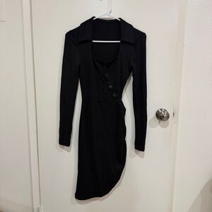 Black Long-Sleeve Asymmetric Button Dress